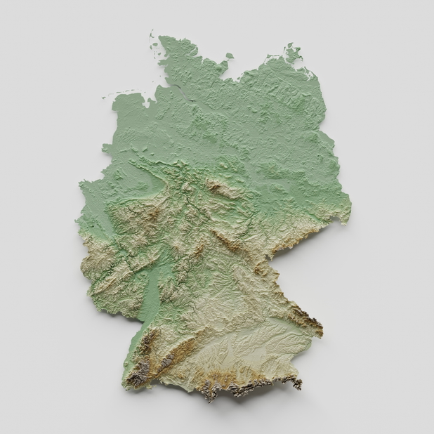 Eine topographische Deutschlandkarte auf einem weißen Hintergrund.