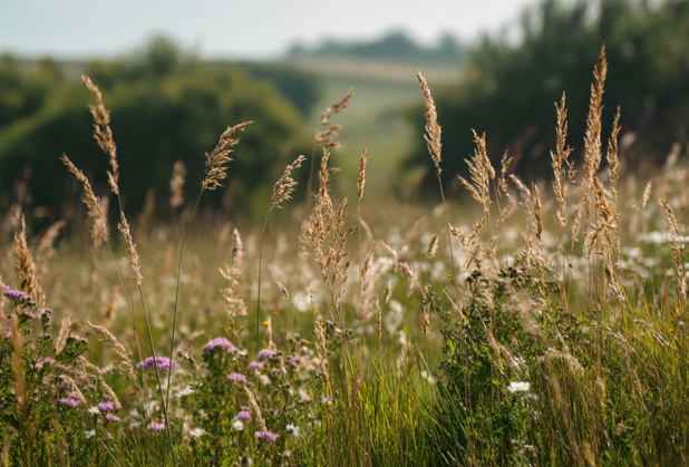 Auf einem Grünland blühen Wildblumen und Weidepflanzen.