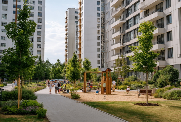 Inmitten eines Wohnviertels steht ein Spielplatz, auf dem mehrere Familien zu sehen sind.