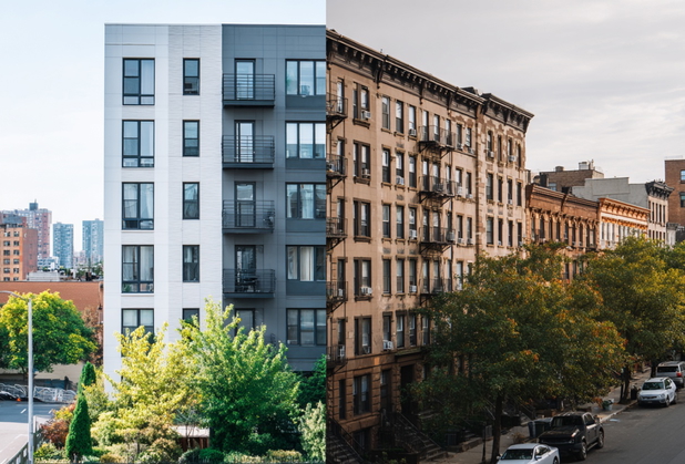 Ein Split Image: links ein modernes und sauberes Wohnhaus, rechts ein älteres und heruntergekommeneres Wohnhaus.