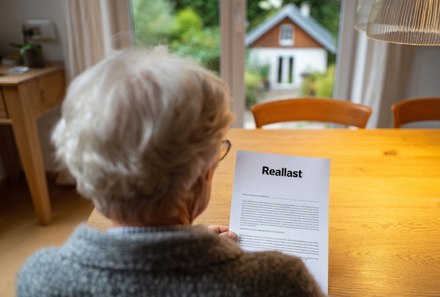 Eine alte Frau sitzt an einem Tisch und liest ein Dokument, welches "Reallast" betitelt ist.