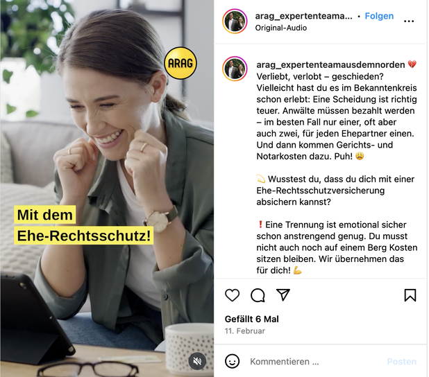 Instagram Post der ARAG Versicherung zum Thema Ehe Rechtsschutz.