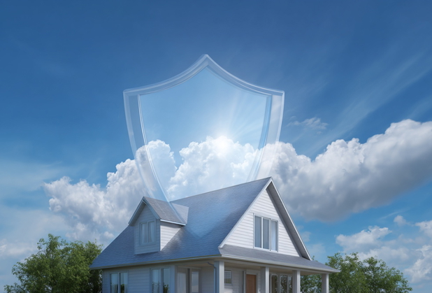 Über einem Haus ist ein transparentes Schutzschild, dahinter ein blauer Himmel mit Wolken.