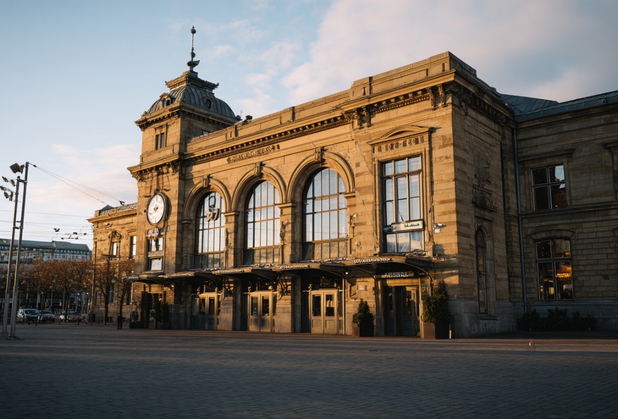 Ein alter Stadtbahnhof bei Sonnenuntergang.