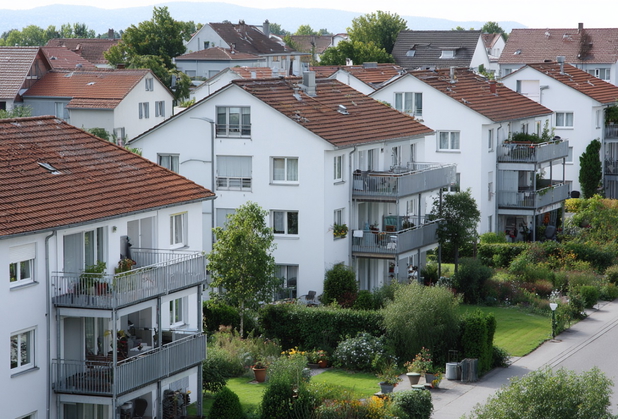 Eine Reihenhaussiedlung mit weißen Wohnhäusern mit roten Dächern.
