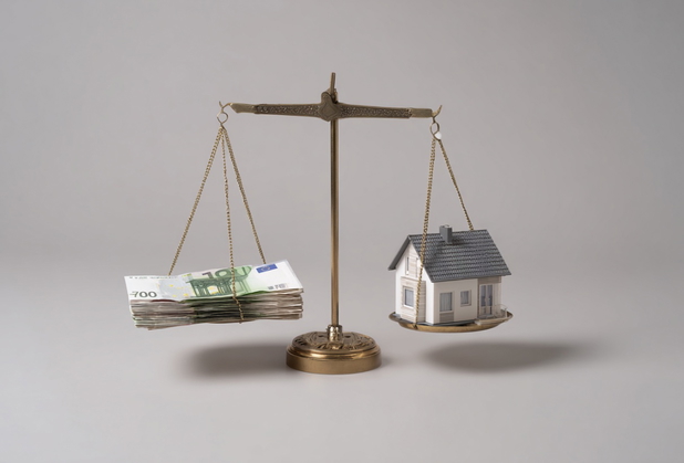 Eine goldene Waage, links Euro-Scheine, rechts ein Miniaturhaus.