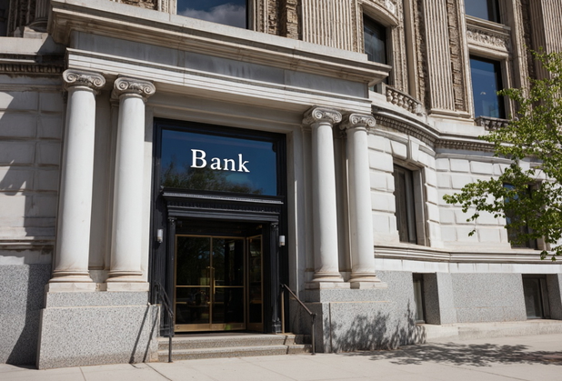 Ein altes Bankgebäude, am Eingang ist ein Schild mit "Bank" drauf.