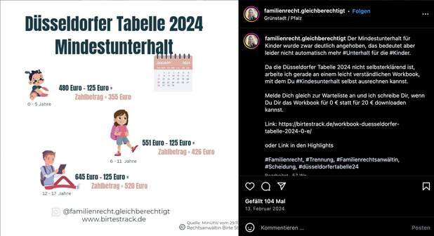 Instagram Post von @familienrecht.gleichberechtigt über die Düsseldorfer Tabelle
