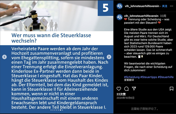 Ein Instagram-Beitrag zum Thema Steuerklassenwechsel nach Scheidung