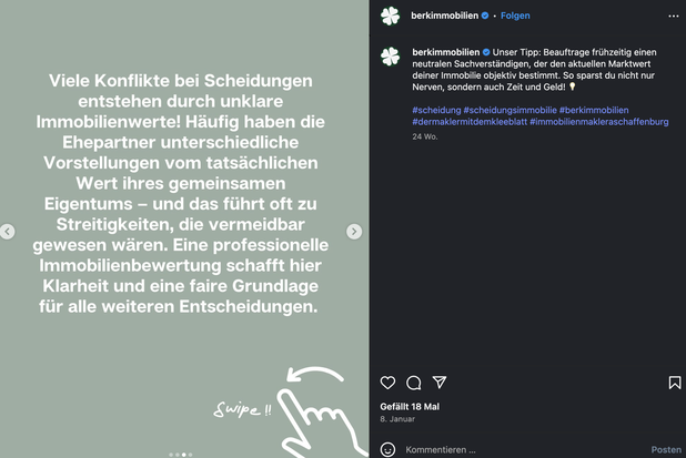 Ein Instagram-Beitrag über die Wichtigkeit von Immobilienbewertungen bei Scheidungen