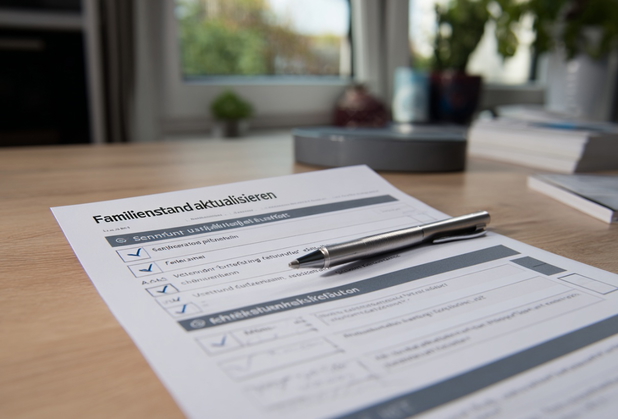 Eine Checkliste mit dem Titel "Familienstand aktualisieren" auf einem Schreibtisch.