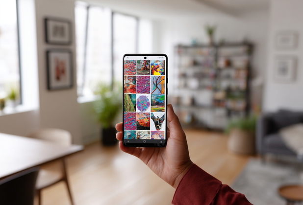 Eine Person hält ein Smartphone in der Hand, welches eine NFT-Gallerie zeigt.