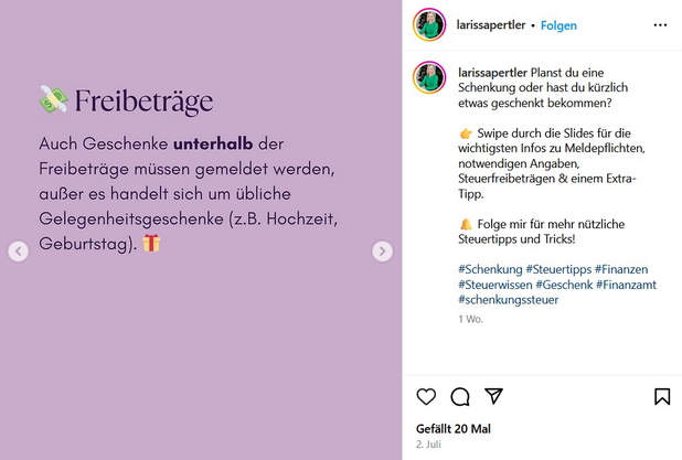Ein Instagram-Beitrag von @larissapertler zum Thema Anzeigepflicht bei Schenkungen.