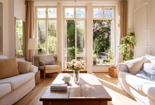 Ein gemütliches Wohnzimmer mit mehreren Sitzmöbeln und einer gläsernen Tür raus zum Garten.