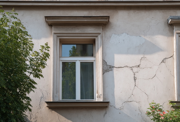 Eine Häuserfassade hat einige Risse in der Außenwand.