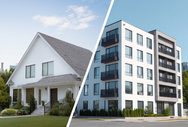 Ein Splitscreen, links ein Einfamilienhaus, rechts ein modernes Wohnhaus.