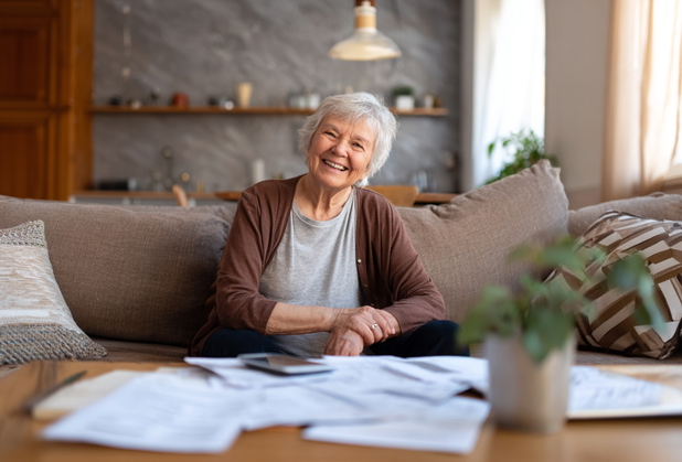 Eine Seniorin sitzt auf einem Sofa mit Steuerunterlagen und lächelt in die Kamera.