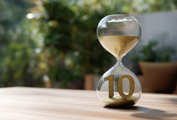 Eine Sanduhr, bei der unten eine goldene Zehn steht.