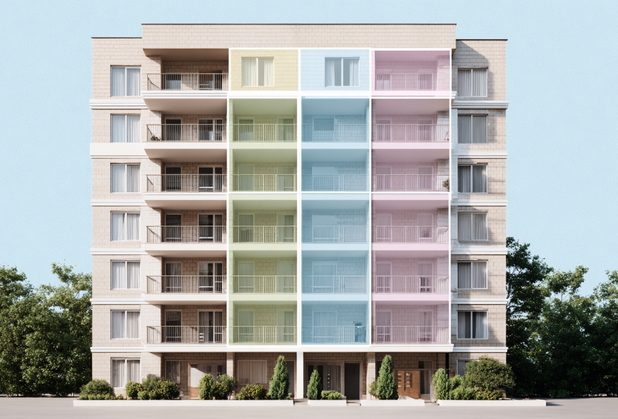 Ein Wohnhaus von außen, wo die verschiedenen Hauseingänge unterschiedlich farblich markiert sind.