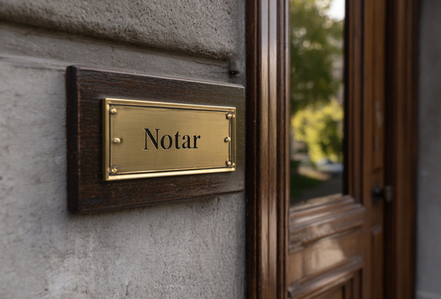 Neben einer Tür ist ein Messingschild, auf dem "Notar" geschrieben steht.