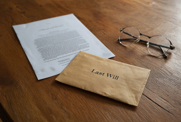 Ein Umschlag mit "Last Will" auf einem Holztisch neben einer Brille.
