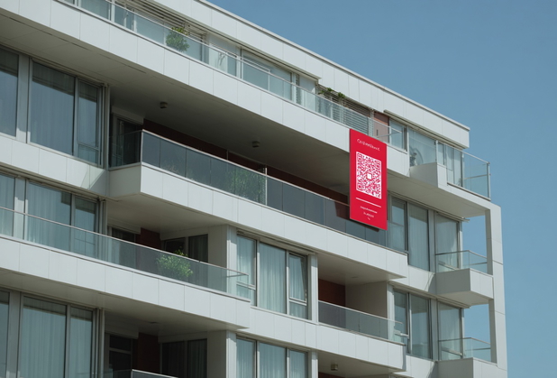 An einem Wohnhaus h&auml;ngt ein QR-Code zur Vermarktung.