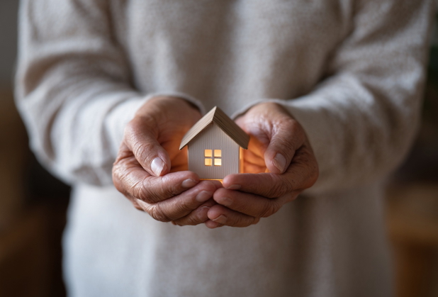 Zwei H&auml;nde halten ein kleines Modellhaus sch&uuml;tzend in der Hand.