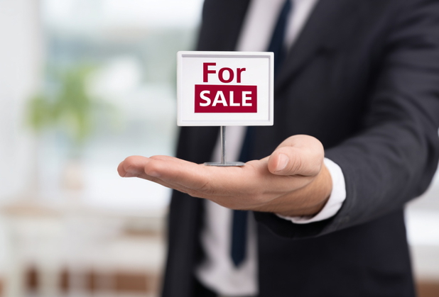 Ein Mann mit Anzug hält ein "For Sale" Schild in der Handfläche.