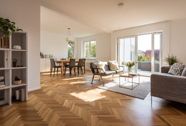 Eine helle und geräumige Wohnung mit Parkett.
