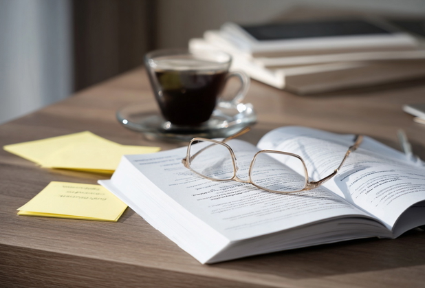 Auf einem BGB liegt eine Brille, daneben Post-It-Zettel und ein Kaffee.