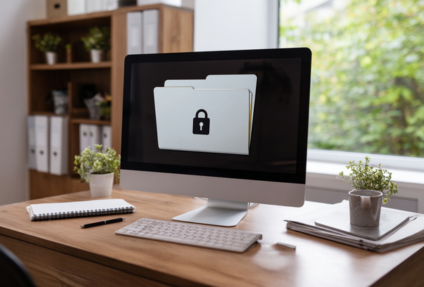 Ein Mac-PC auf dem ein Ordner mit einem Schloss zu sehen ist.