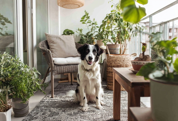Ein schwarz-weißer Hund sitzt auf einem Balkon mit vielen Pflanzen.