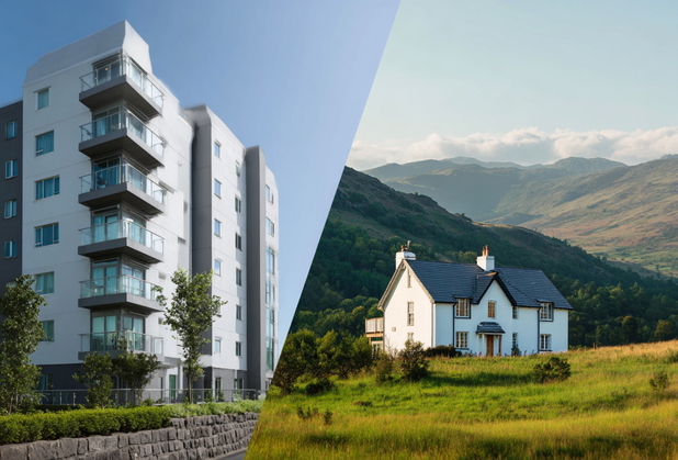 Ein Split-Image, links ein modernes ubarnes Wohnhaus. rechts ein ländliches Einfamilienhaus.