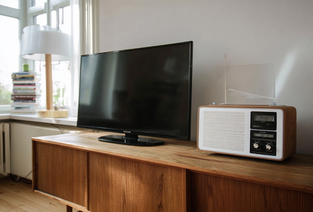 Auf einem Sideboard im Wohnzimmer steht ein Fernseher und ein Radio.