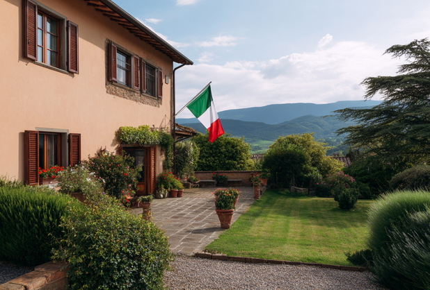 Ein typisches italienisches Haus auf dem Land, im Garten ist eine italienische Flagge zu sehen.