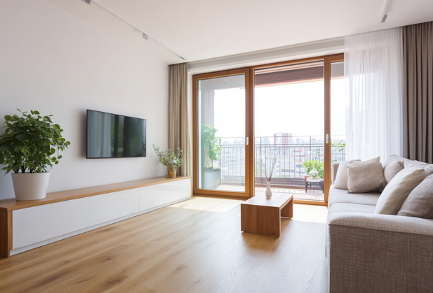 Wohnzimmer in natur Farben mit großem Fenster und einer gemütlichen Couch.