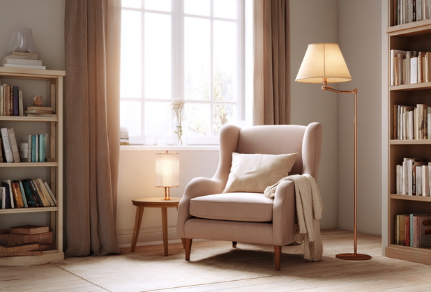 Gemütliche Leseecke in einem Wohnzimmer mit Lesesessel, einer Stehlampe und Bücherregalen.