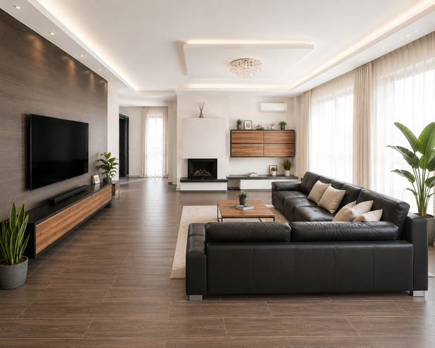 Großes Wohnzimmer mit einer Ledercouch in L-Form, große Fenster, ein TV gegenüber der Couch und ein kleiner Kamin an der Seite. Alles in Naturtönen gehalten.