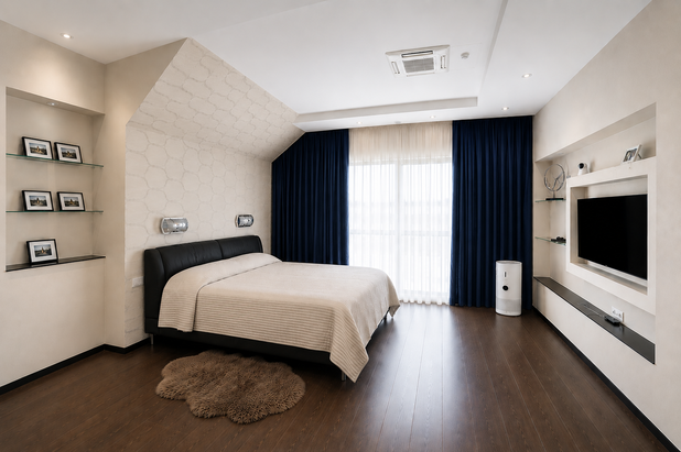 Neutral gehaltenes Schlafzimmer mit einem Bett, TV und großer Fensterfront mit Vorhängen.