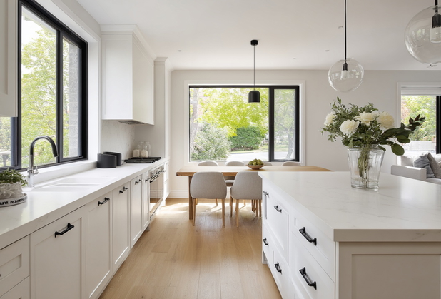Moderne, helle Küche mit einer Kücheninsel, Esstisch und großen Fenstern.