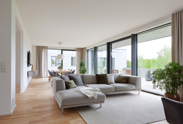 Ein helles Wohnzimmer, mit einer großen grauen Couch in der Mitte des Raums.