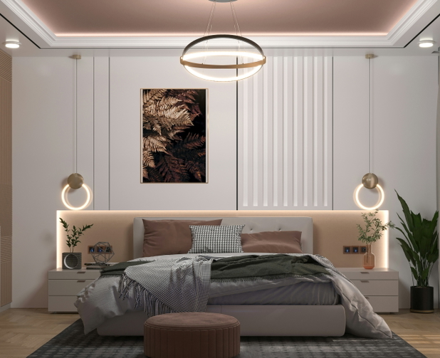 Ein modernes Designer-Schlafzimmer mit Doppelbett.
