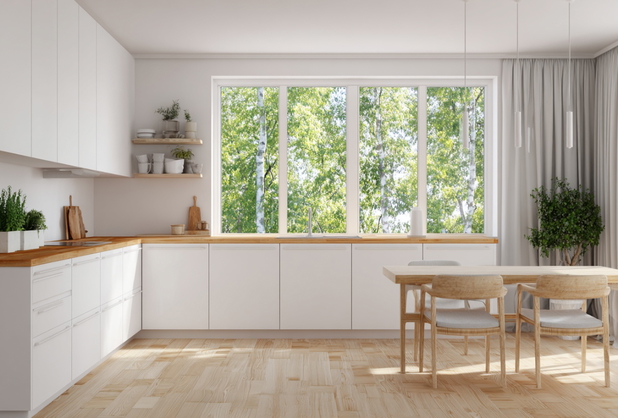 Offene, helle Küche mit großer Fensterfront und einem Esstissch mit Stühlen aus Holz.