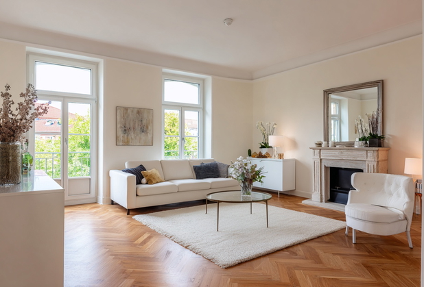 Ein stilvolles Wohnzimmer mit einem hellen Parkettboden und weißen Möbeln.