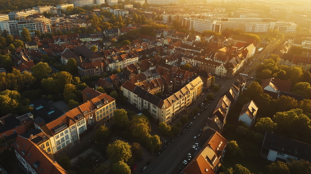 Blick auf Göttingen aus der Vogelperspektive zur goldenen Stunde mit warmen Farben.