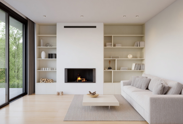 Modernes Wohnzimmer in schlichtem, hellen Design mit Couch, einem Kamin und großer Fensterfront.