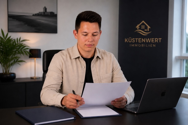 Gründer Marcel Schäfer von Küstenwert Immobilien am Schreibtisch mit Papieren zum unterschreiben.