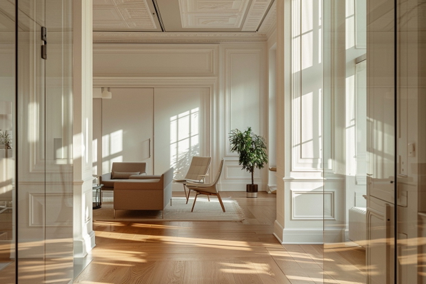 Helles Büro, Blick durch geöffnete Glastüren auf Stühle und Sessel. Alles in hellen, freundlichen Tönen.