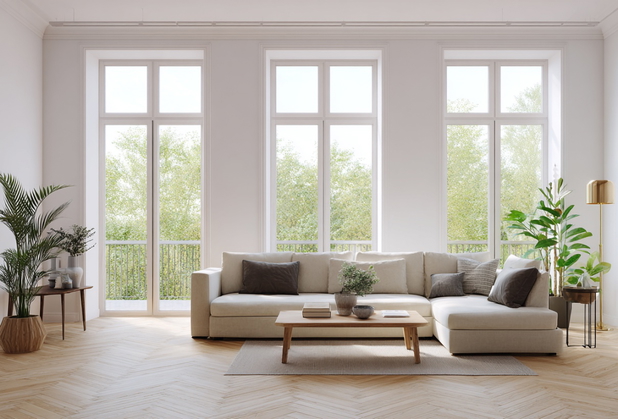 Ein schönes und helles Wohnzimmer mit einer Couch, einem Beistelltisch und verschiedenen Pflanzen.