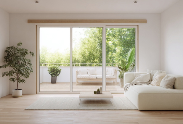 Helles Wohnzimmer mit großen, bodentiefen Fenstern, mit Blick auf einen Balkon, einer beigen Couch und einem Couchtisch.